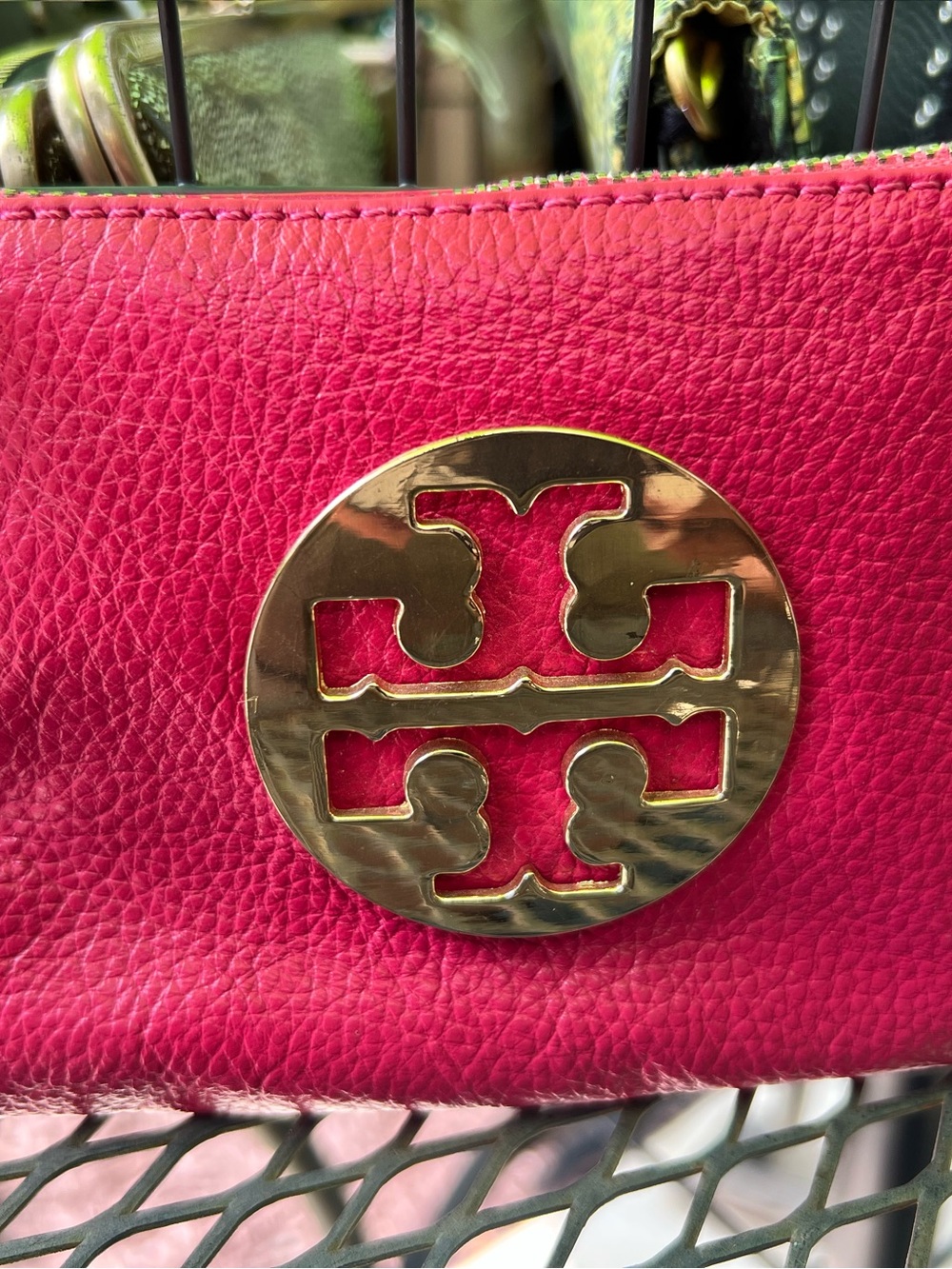 Tory Burch Hot Pink Pebbled Leather Wristlet with Gold Logo
